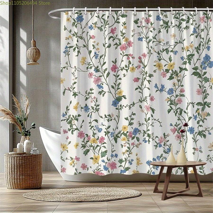 1pc Delicate Floral Shower Curtain, Vintage Botanical Style, Soft Cream Background, Pink, Yellow, and Blue Flowers On Intertwi
