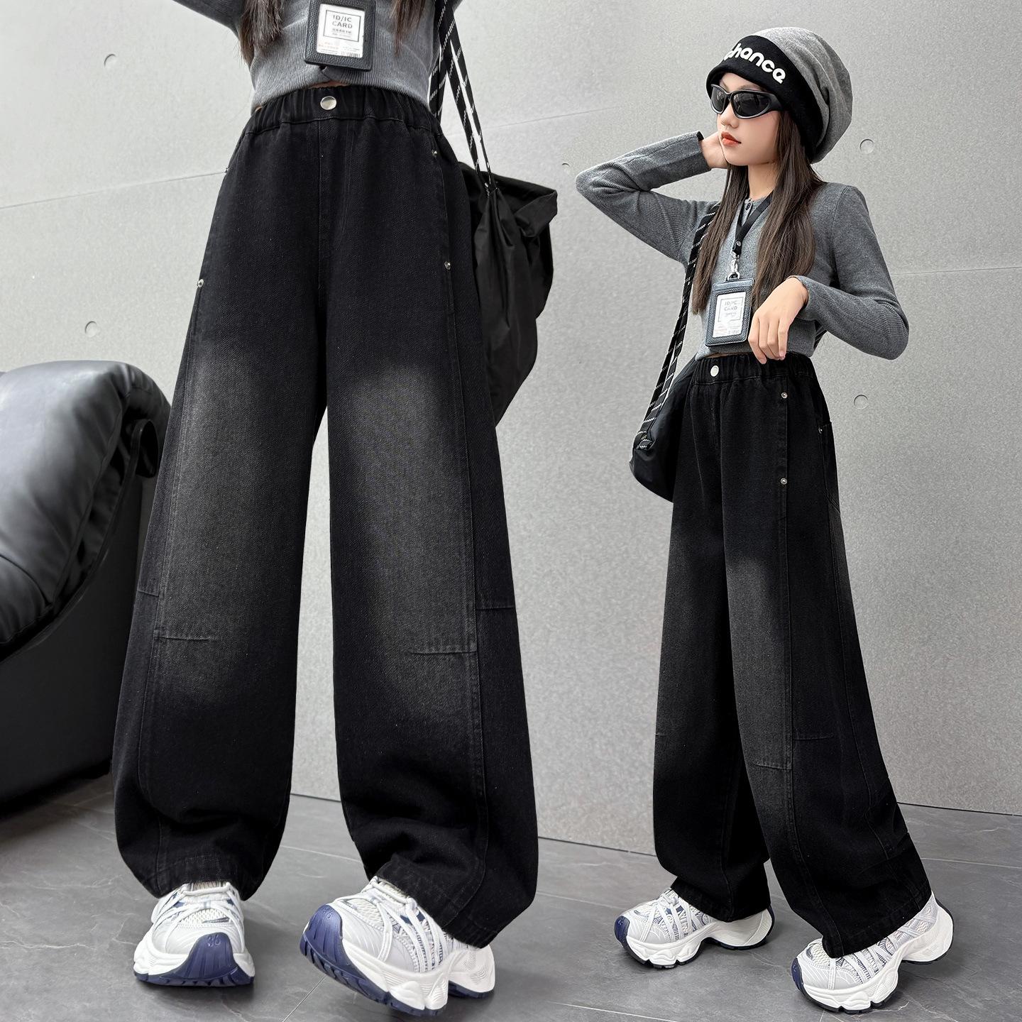 

Черные джинсы для девочек - Весна/Осень 2025, Модный свободный крой с вариантами изогнутых или прямых штанин. 170cm чёрный