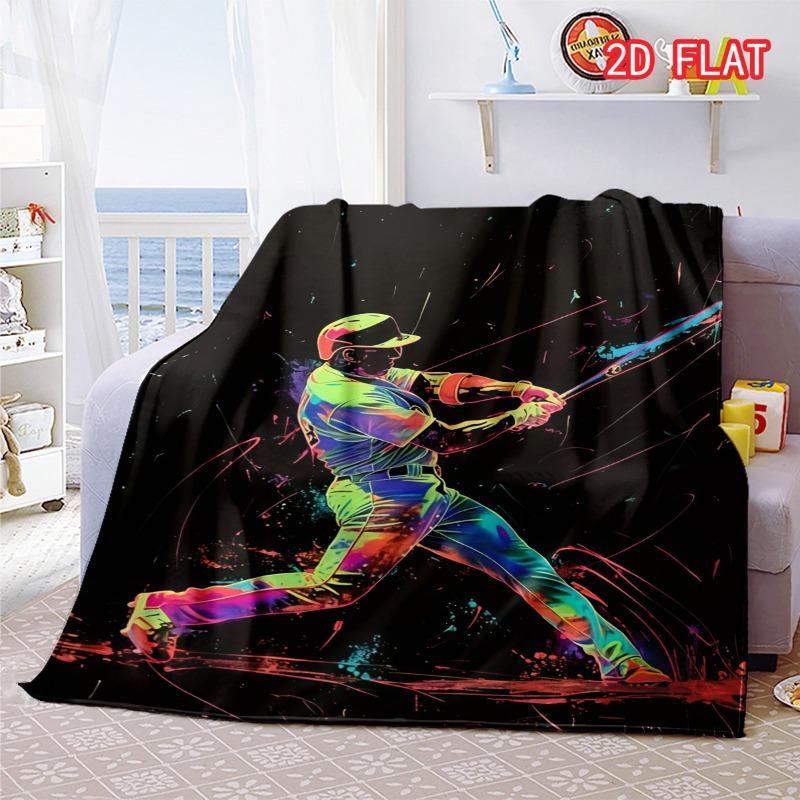 Neon Baseball Player Print Flannel Blanket, Colorful Sports Throw for Bed Sofa Couch, Soft Cozy Lightweight All Season Cover