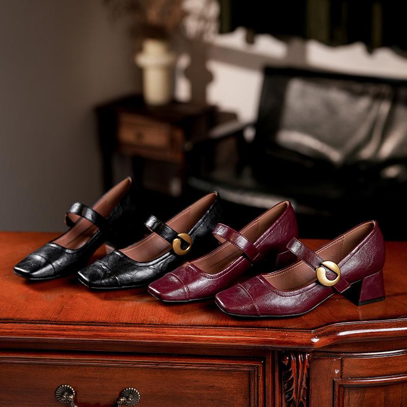 Vintage Mary Jane Shoes Women's Light Mouth Thick Heel Square Head Late Evening Wind High Heels Single Shoes