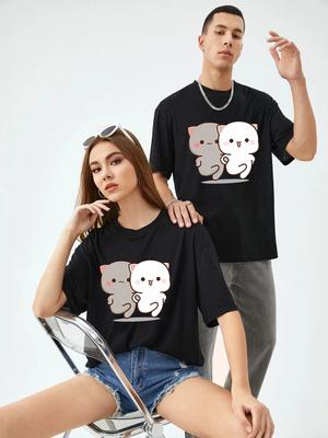 Cartoon Peach Cat Couple Pattern Printed Tshirt for Women, High-quality T-shirtplus Size T-shirtsummer Classic Unisex T-shir