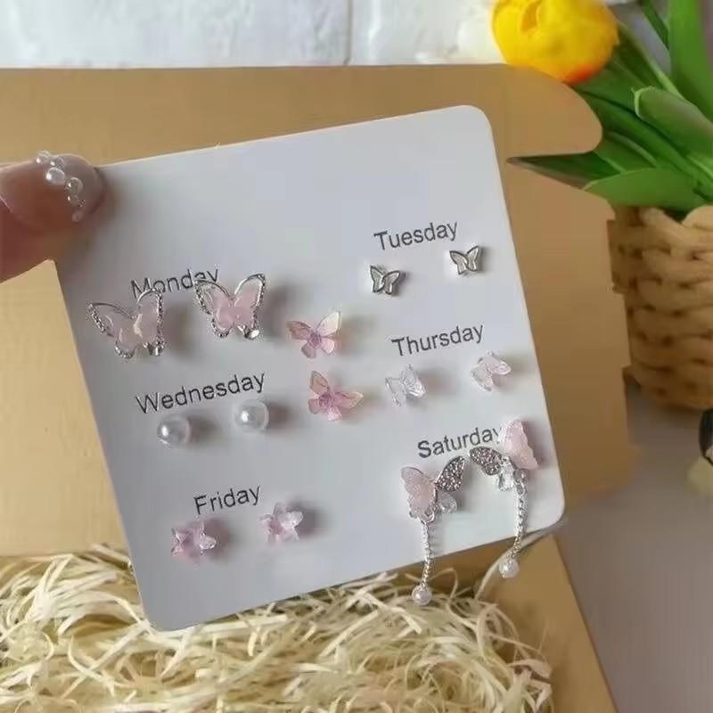 7PCS SET Pink Flower Butterfly Star Pearl Stud Earring For Women Cute Exquisite Mini Earrings Jewelry Gift Wholesale Direct Sale