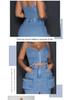Stylish Denim Suit with Exposed Navel Zipper Top & Multi-Pocket Split Long Skirt