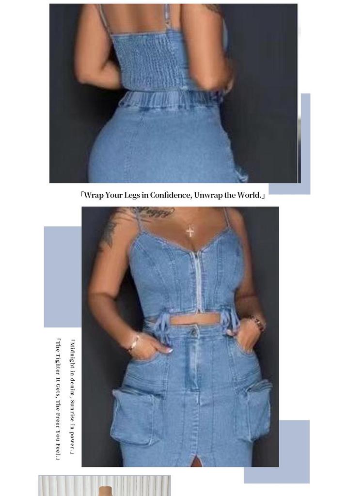 Stylish Denim Suit with Exposed Navel Zipper Top & Multi-Pocket Split Long Skirt