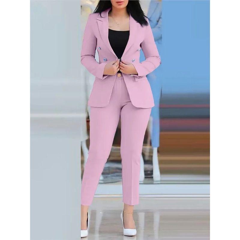 

Collar Solid Color Long Sleeve Suit Set Polo Collar Solid Color Silm Suit Pink M