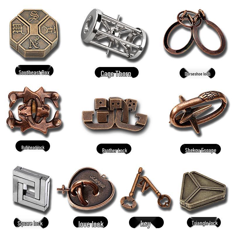 Kinder Intelligenz Puzzle Set: Luban- und Kongming-Schlösser, Neun ineinandergreifende Ringe, Hufeisenschloss - Trendiges Lernspielzeug auf TikTok