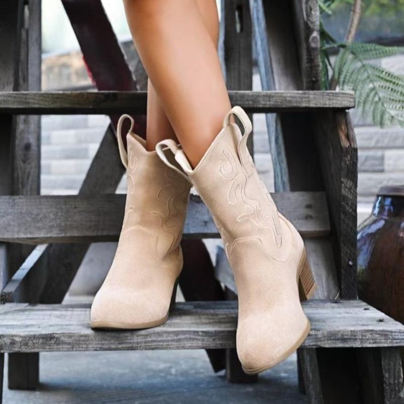 New Women's Boots Sleeve Middle Heel Fashion Boots Sleeve Embroidery Retro Medium Boots Women