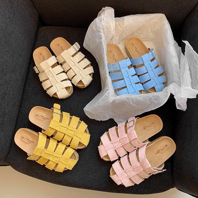 Retro bag head slippers women's summer outer wear 2025 new woven pig cage one word drag lazy one foot half slippers