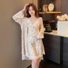 New ice silk pajamas female sexy with chest pads spring and summer lace pure desire wind with chest pads suspender two-piece set home