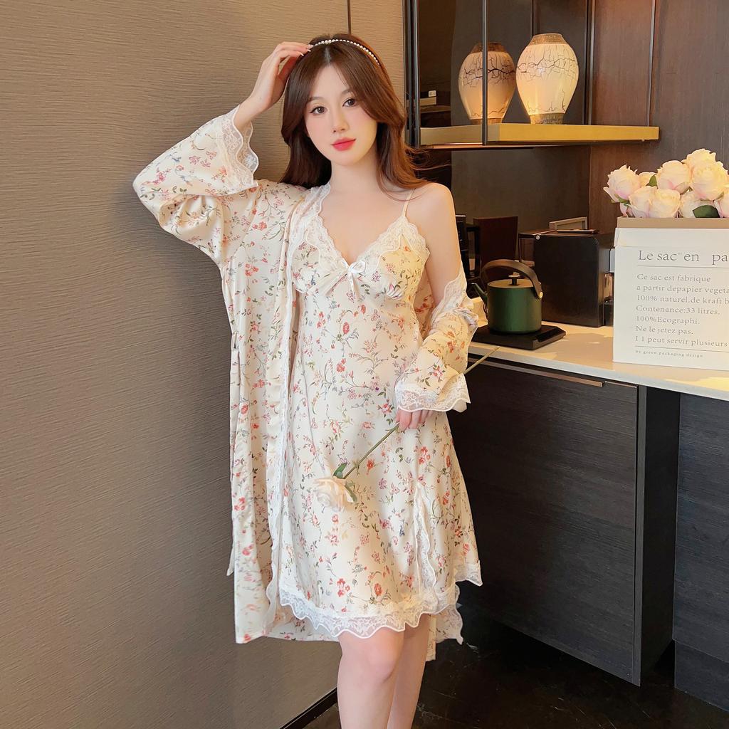 New ice silk pajamas female sexy with chest pads spring and summer lace pure desire wind with chest pads suspender two-piece set home