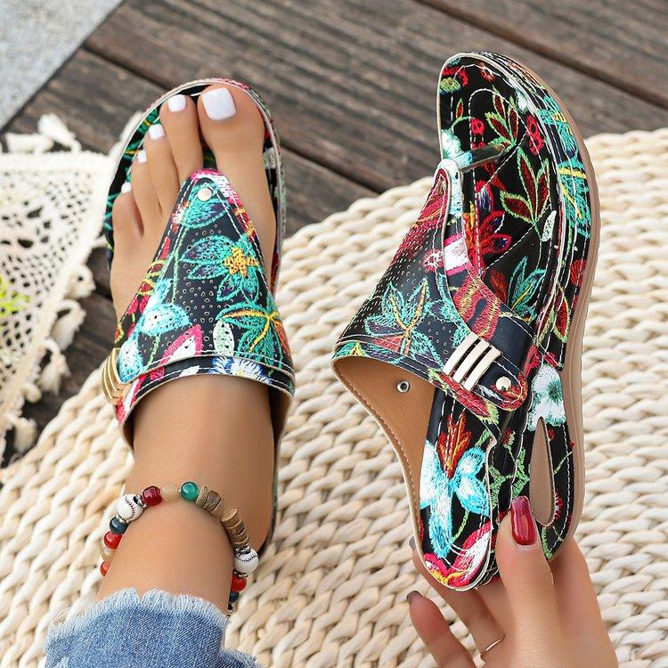 Women s Floral Print Flip Flops Wedge Heel Thong Sandals Casual Summer Beach Slippers Plus Size 43 36 чёрный