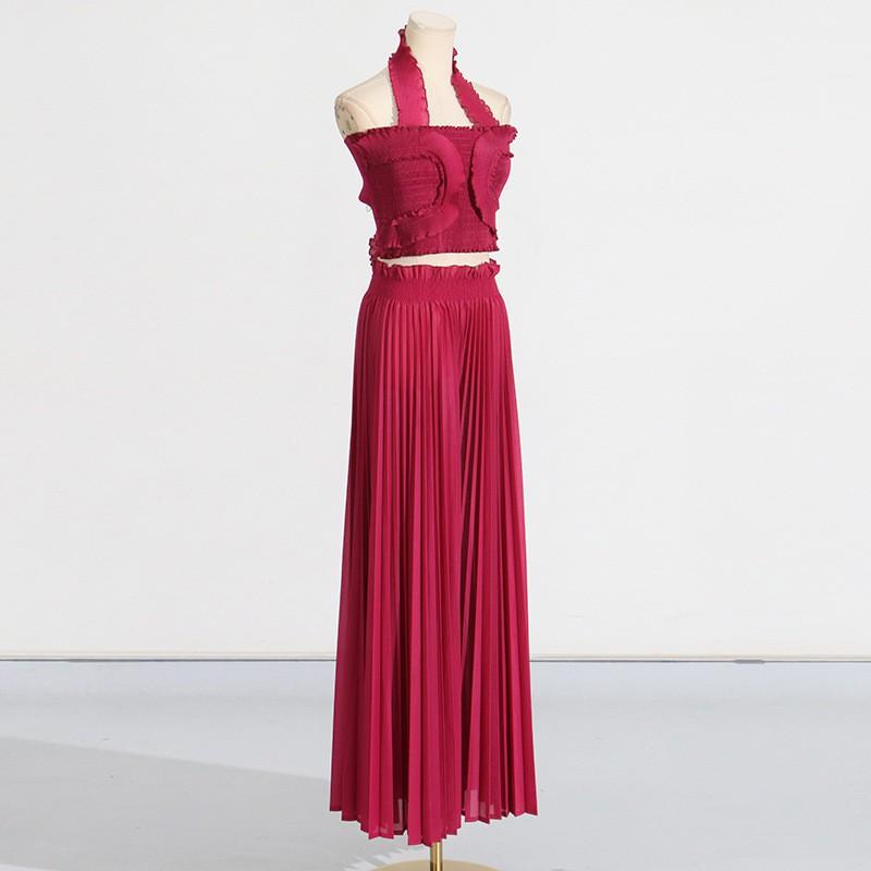 Fashionable Sexy Pleated Suit Women's Neck Ruffled Top With High-waisted Wide-leg Pants