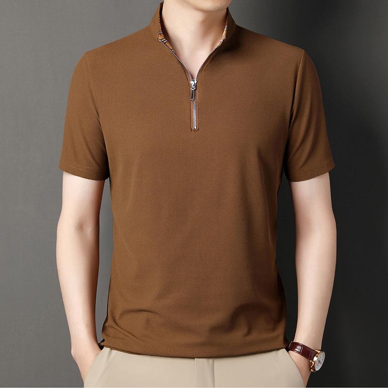 Summer New Men's Short-Sleeved T-shirt Men's Fashion Casual Breathable Lapels Zipper Solid Color Men's Clothing