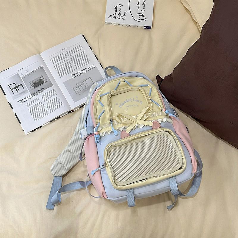 Women's Color Block College-Style Backpack with Ballet Ruffle Lace Design