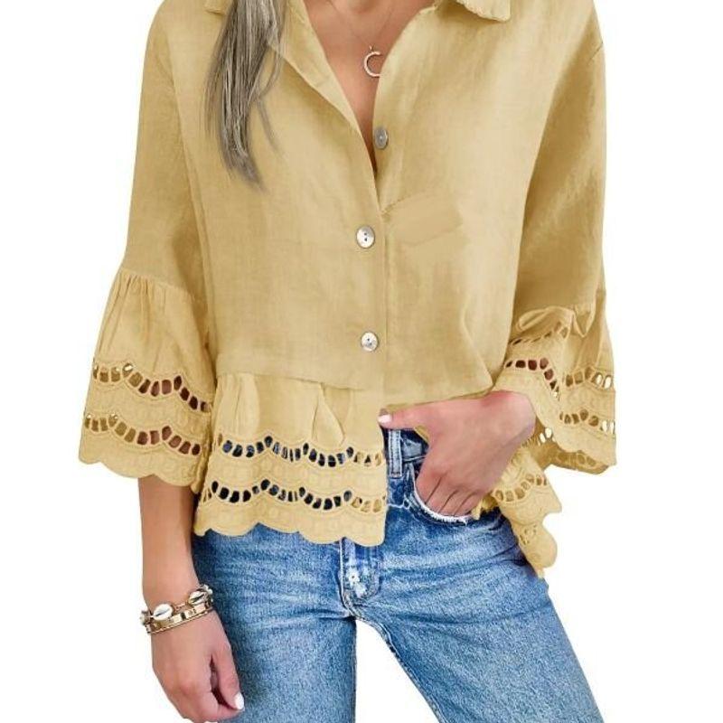 

2024 Женская большая кружевная рубашка с рукавами-рожками и ажурным кружевом Earthy yellow S