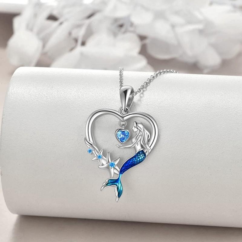 Luxury Female Crystal Blue Zircon Stone Heart Mermaid Pendant Necklace Vintage Silver Color Wedding  For Women