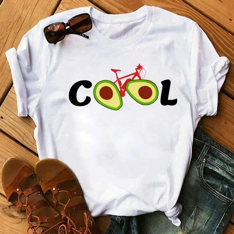 Spring Summer Ladies Floral Bicycle Pattern Fashion Cartoon Print White Letter T-shirt Woman Clothes T Shirt Tops Tee Graphic
