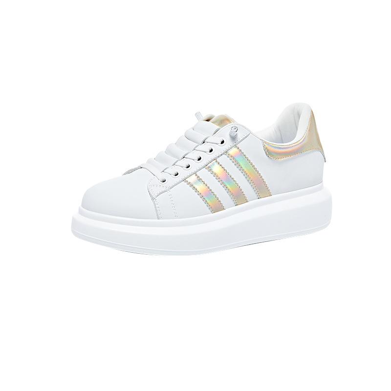 Spring Small Size Casual Shoes for Women, Thick-soled Leather Little White Shoes for Women, Lace-up Color Matching Student Shoes