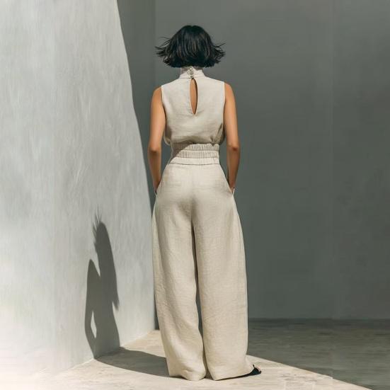 Women's Faux Linen Summer 2 Piece Outfit Sleeveless Stand Collar Top And Wide Leg Pants Matching Lounge Set with Pockets