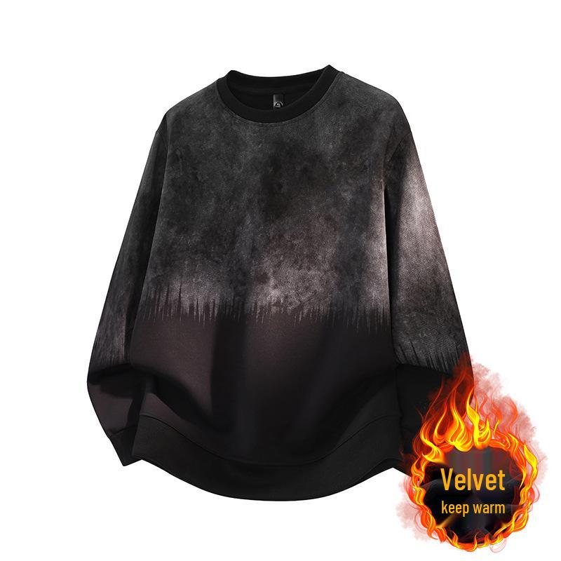 

ACU Menswear Men s Gradient Distressed Round Neck Hoodie - Autumn/Winter 2026 Plus Velvet Heavyweight Loose Trendy Top 8XL