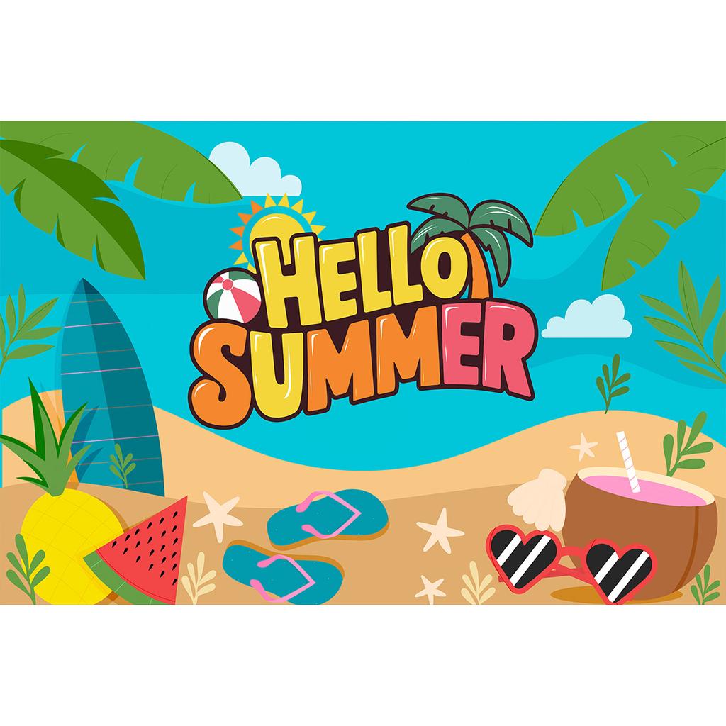 Hawaiian Beach Backdrop Hello Summer Tropical Ocean Palm Tree Surfboard Photo Background Luau Aloha Party Photo Booth Banner