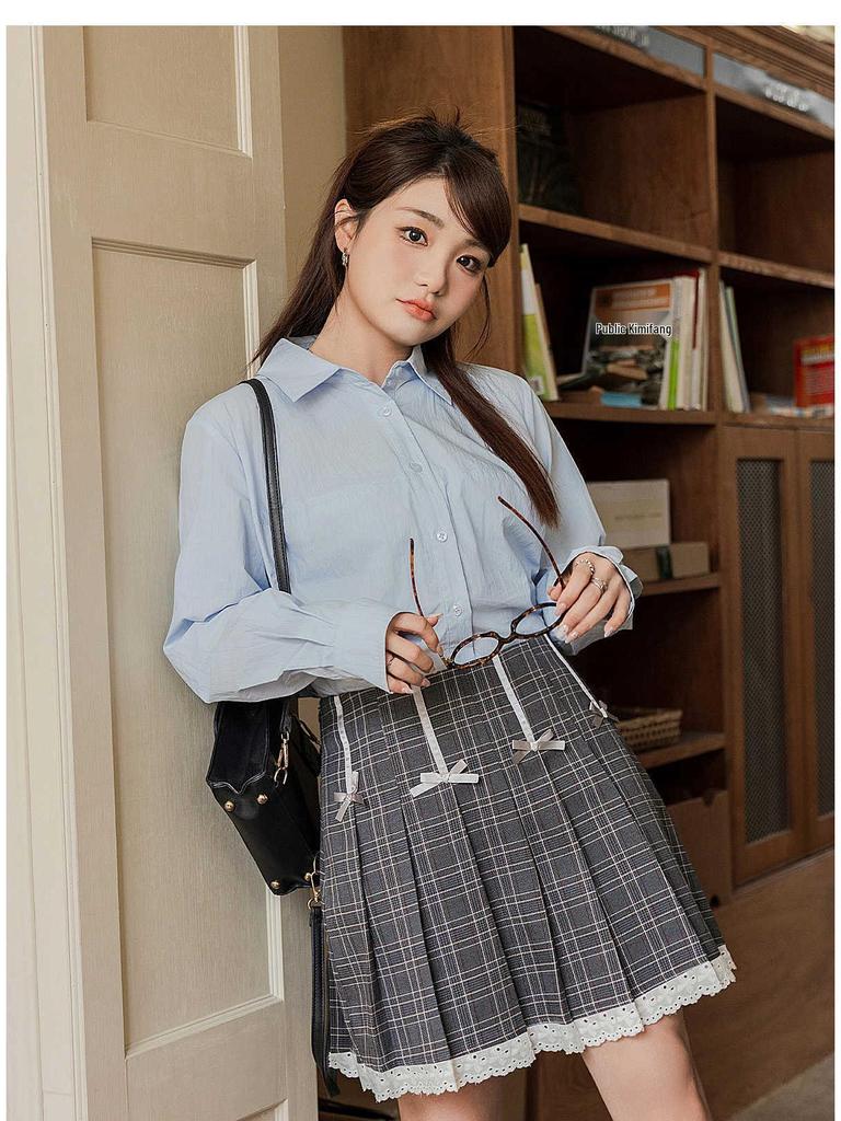 Korean Plaid Bow Smocked Midi Skirt - Plus Size High Waist Slimming Pleated Skirt