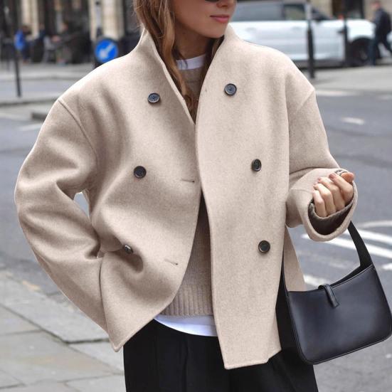 Winter Wool Cropped Peacoat Women's Double Breasted Jacket Fall Casual Long Sleeve Dressy Short Coat