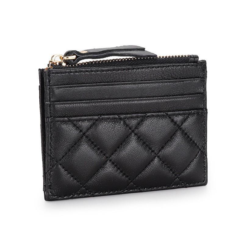 Soft Sheepskin Short Wallet Style Diamond-check Zipper Change Purse Genuine Leather Multi-card ID Bag