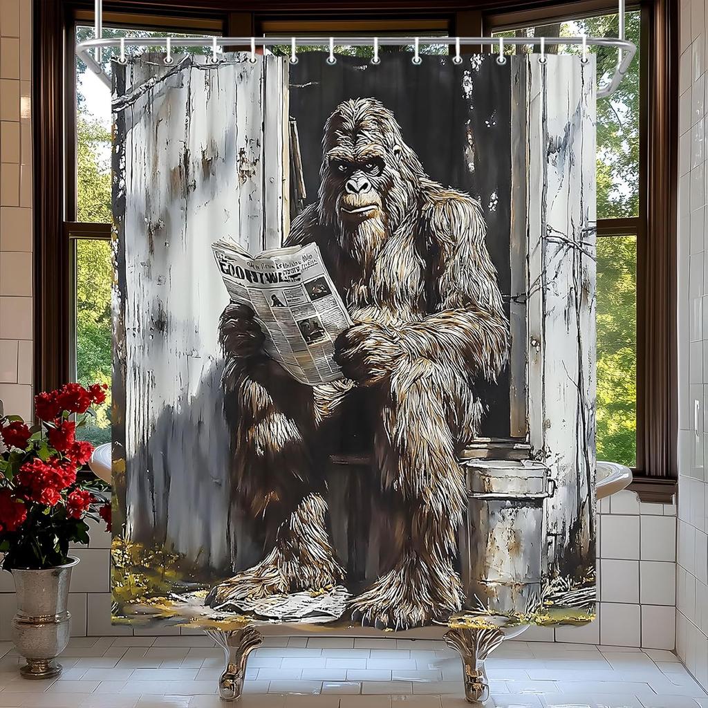Funny Gorilla Shower Curtain Farmhouse Rustic Hilarious Animal Read Newpaper Vintage Chimpanzee Man Retro Wooden Door Bath