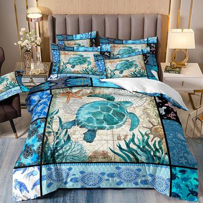 3-Piece 3D Printed Quilt Cover Sea Turtle Marine Life Animal Kit Bedding