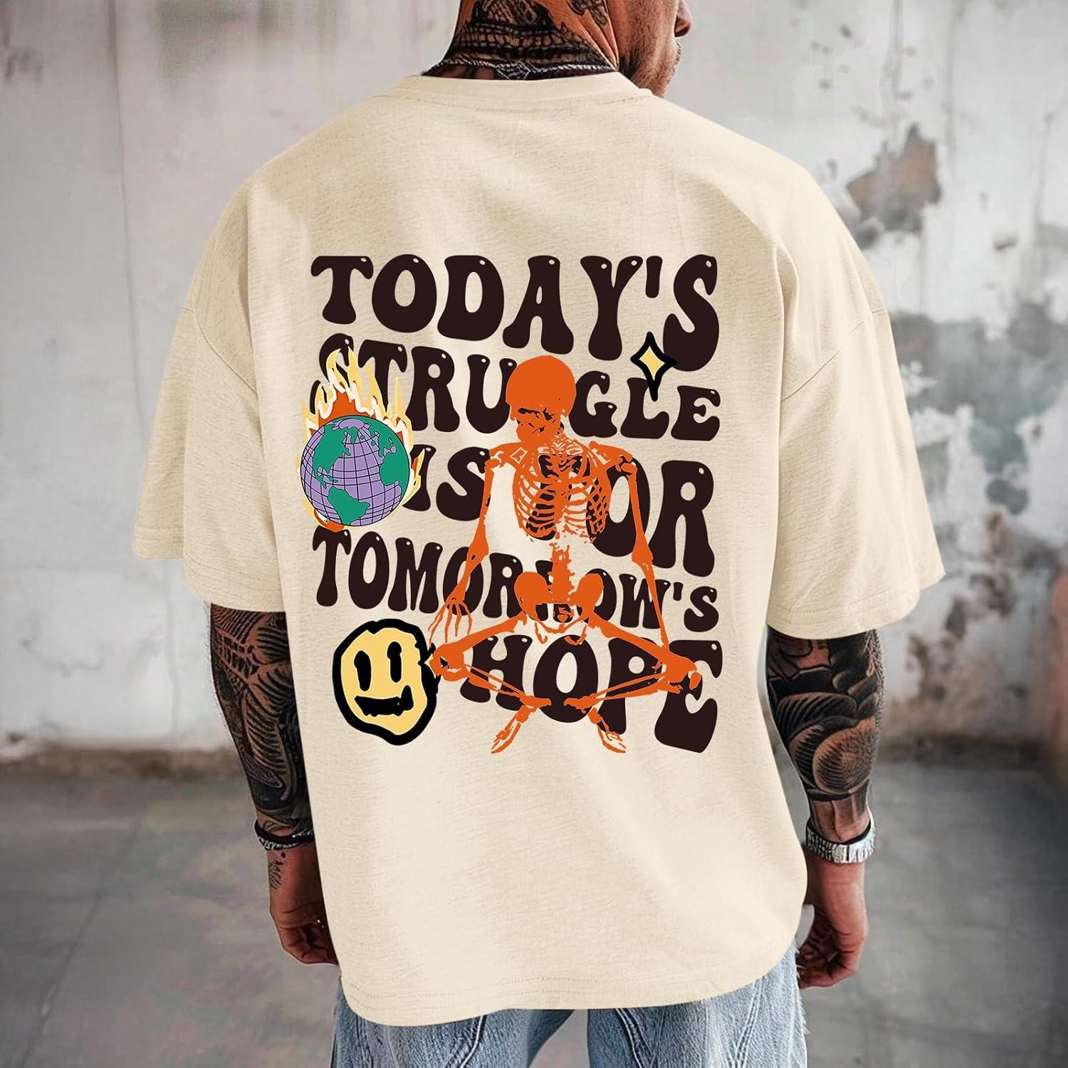 Мужская графическая футболка  Сегодняшняя борьба за завтрашнюю надежду , ретро футболка с пузырьковым текстом, уличный стиль L бежевый