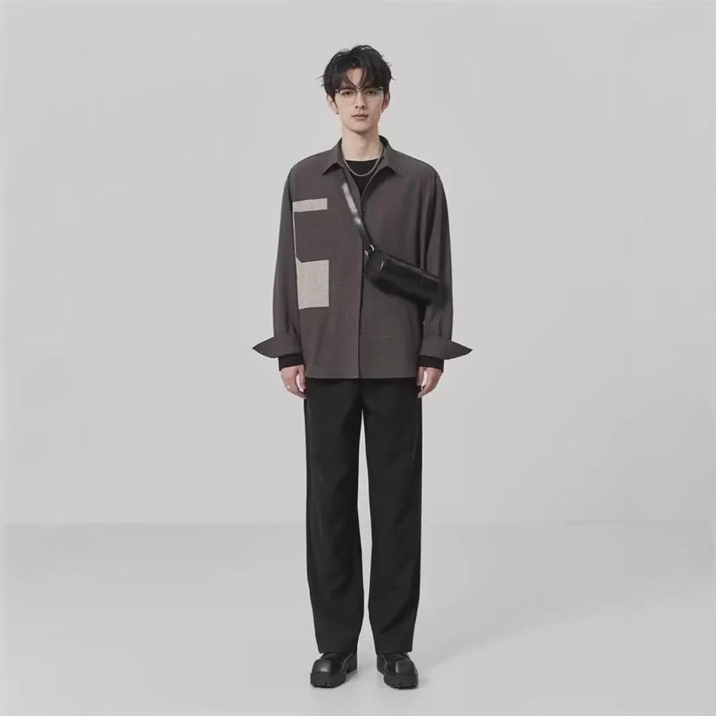 2024 Men's Casual Long-Sleeve Plaid Shirt, Korean-Style with Contrast Stitching for Spring and Autumn