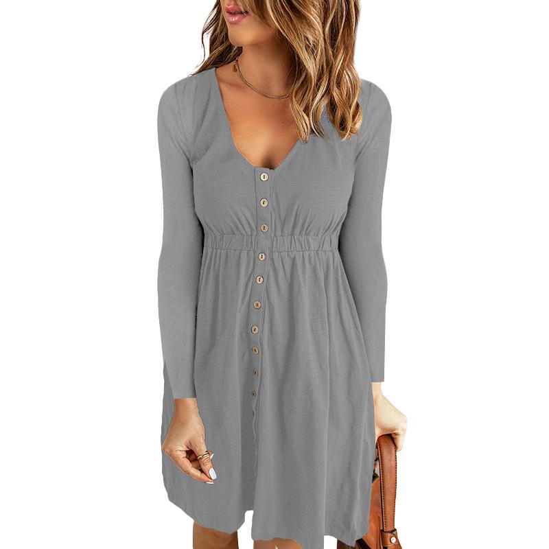 Women Dress Long Sleeve V-Neck Button Tunic Mid Dress Fashion Loose Solid  Knee-length Dress for Daily Office,Party