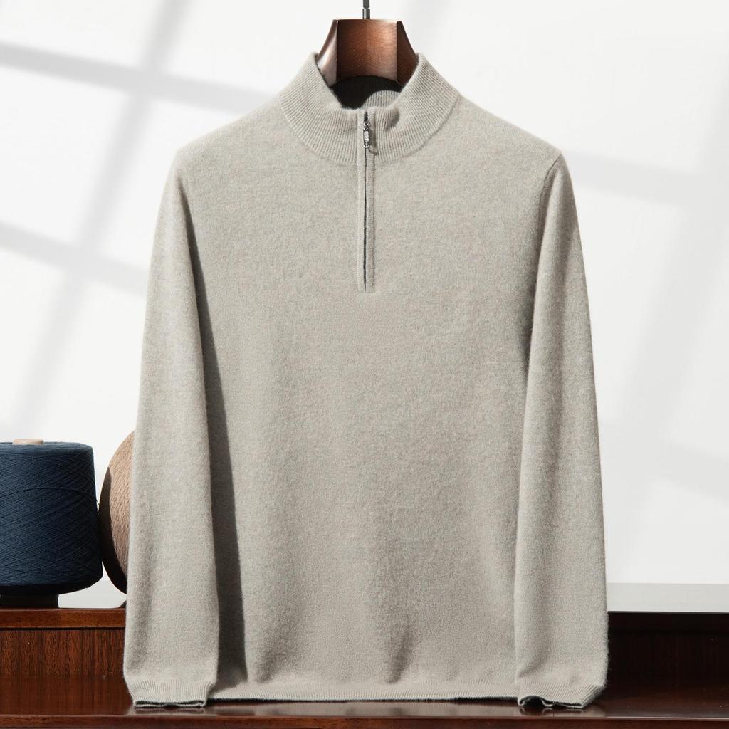 Eleganter Herren-Halbreißverschluss-Kaschmirpullover, einfarbige Strickware mit Stehkragen, Business Casual Pullover