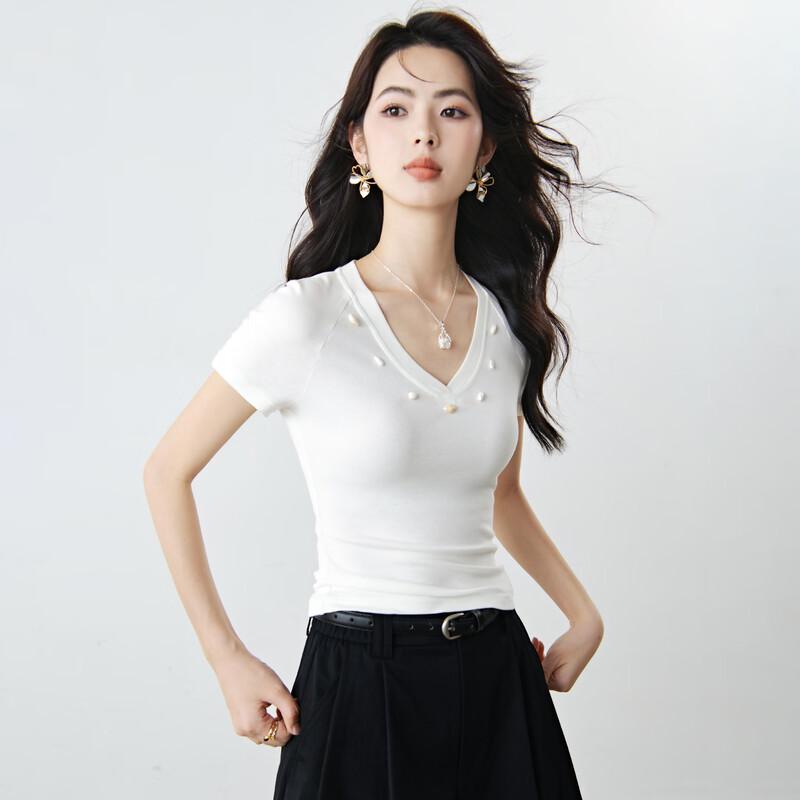 Women s Lyocell V-Neck Shell Embellished Slim Fit T-Shirt L