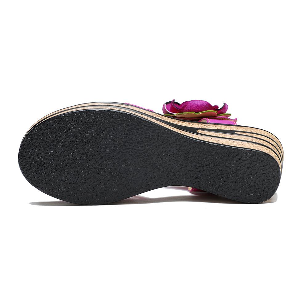 Johnature Vintage-Blumen-bequeme Sommer-Wedges-Sandalen aus echtem Leder, handgefertigt, ethnischer Stil, Damenschuhe