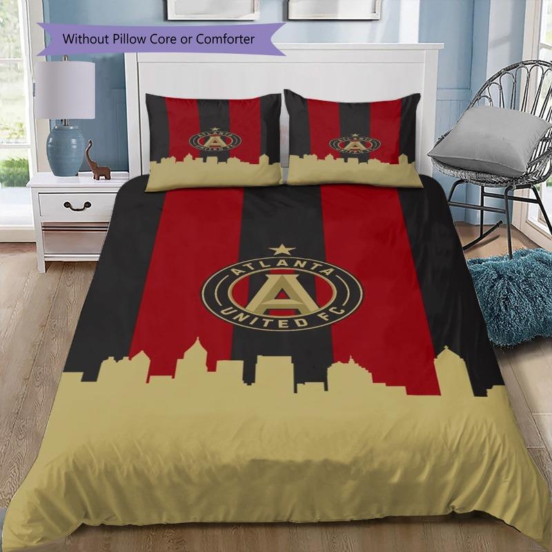 Atlanta United FC Football Team Red Black Stripes Gold City Skyline 3Pcs Bedding Set Sports Fan Washable Duvet Cover Set Bedroom Decor Bed Linen