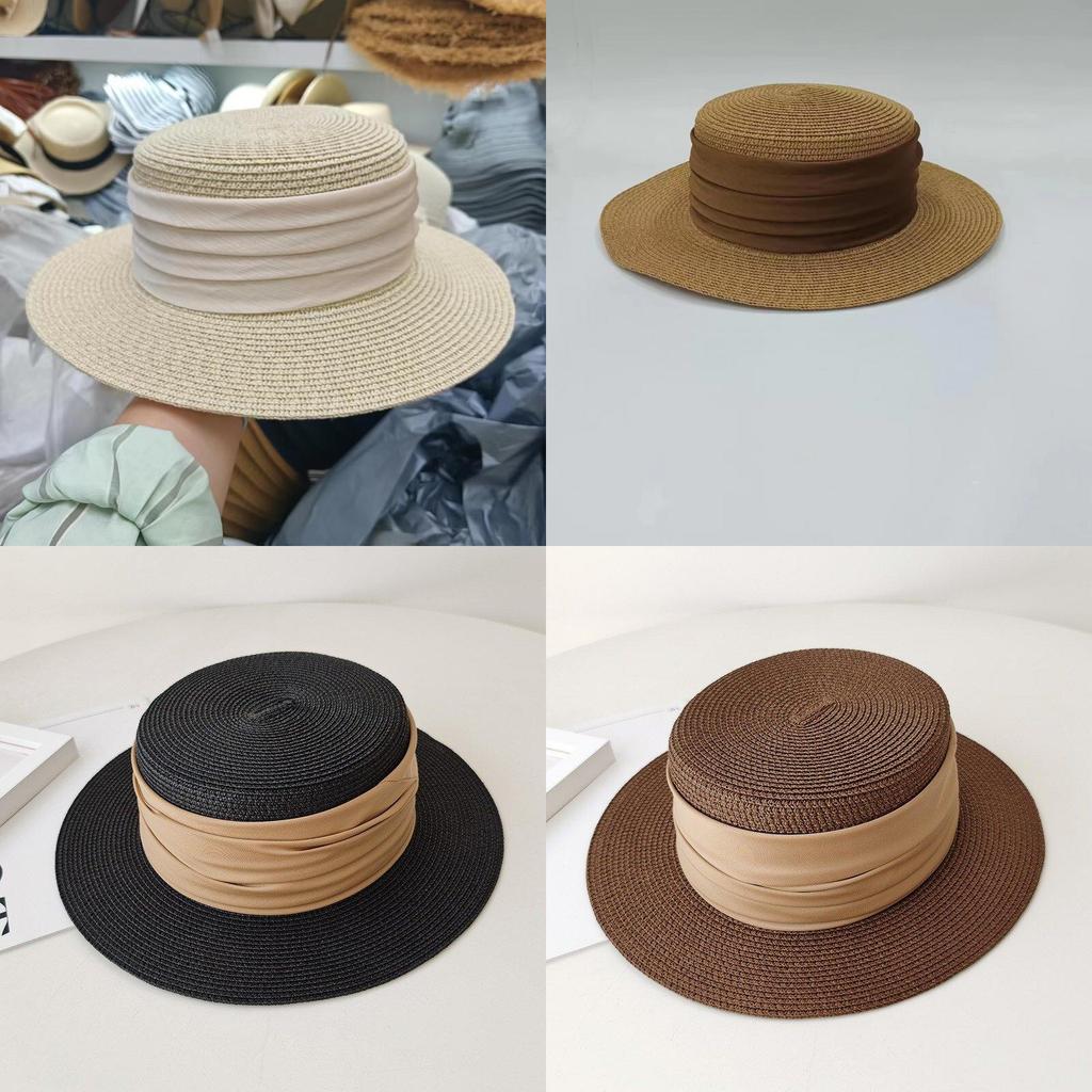 Retro Flat Top Straw Hat For Women With Wide Brim And Sun Protection For Vacation