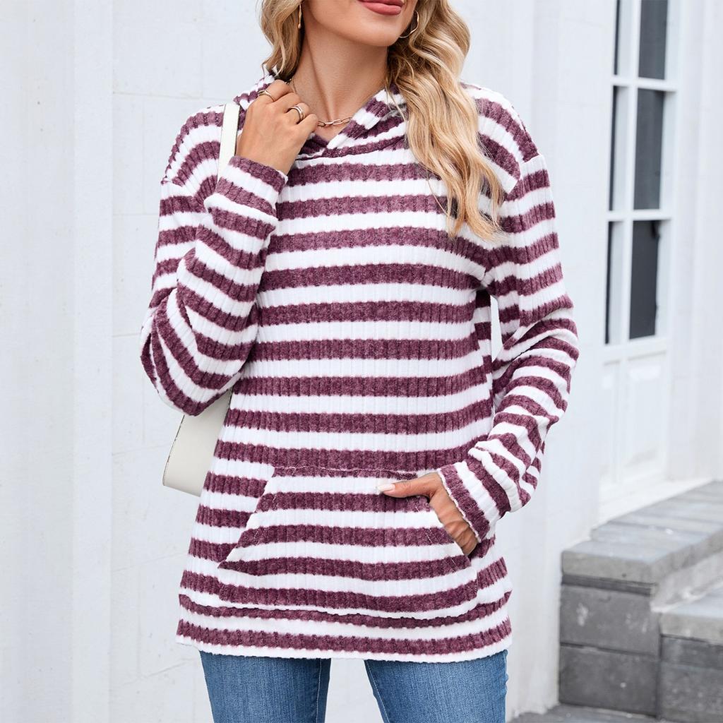 Women's Fashionable Casual Striped Hooded Pocket Loose Long Sleeved Pullover Top