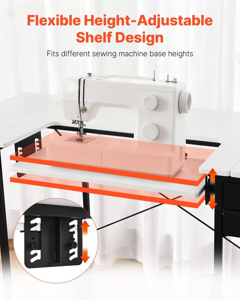 Sewing Table, Multipurpose Sewing Machine Table with Drawers, Foldable Side Shelf, Adjustable Shelf, Steel Legs, Computer Desk for Home, Fashion