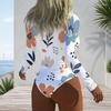 Women Plus Size High Neck Long Sleeve Front Zipper Floral Print One Piece Swimsuit