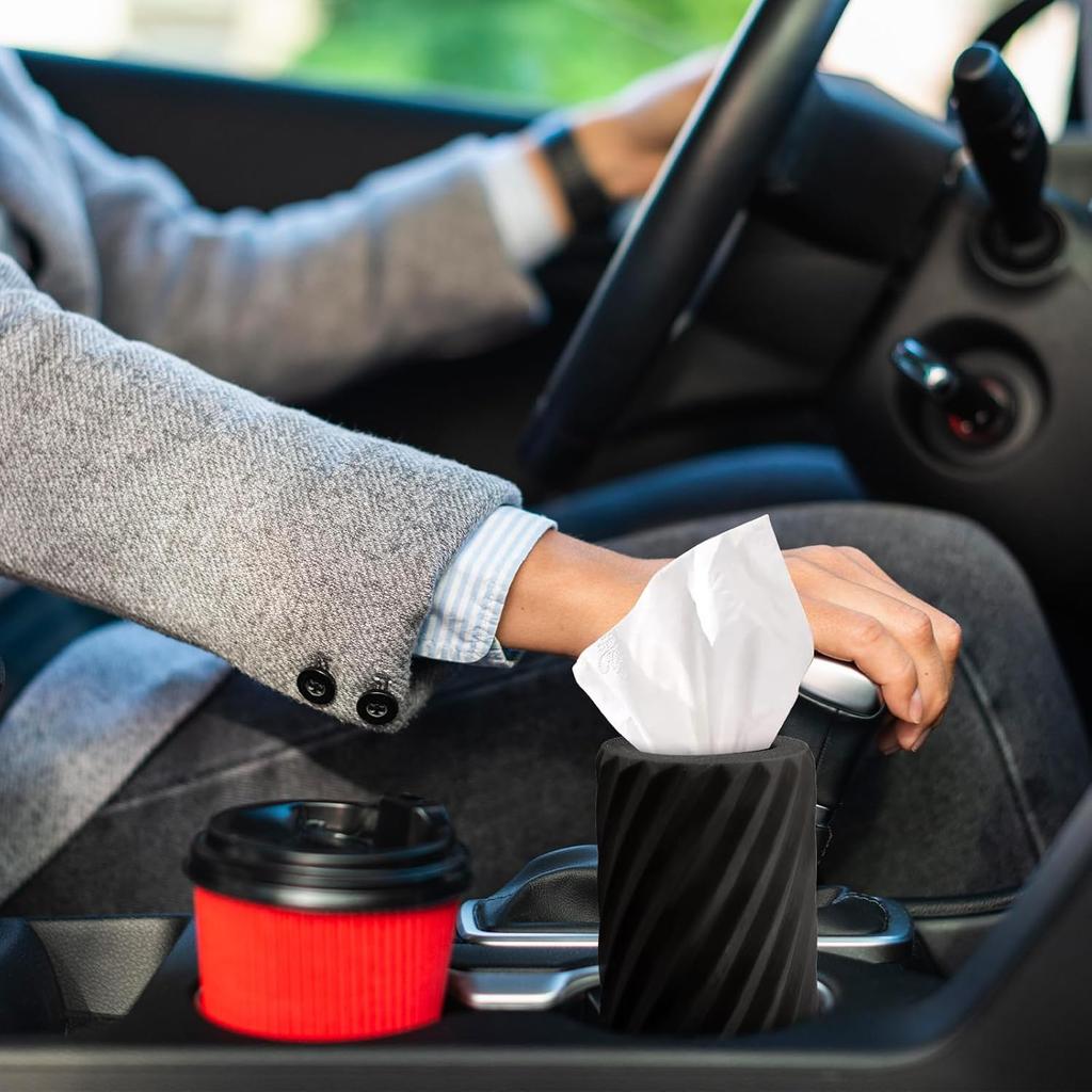 Car Tissue Holder, Refillable Round Cylinder with 3 Tissue Packs, Universal Fit for Vehicle Cup Holder, Home & Office, Car Accessories Interior