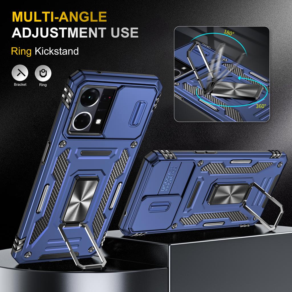 For Oppo Reno7 4G Armor Series Drop-proof PC+TPU Cover Kickstand Phone Case with Slide Lens Lid