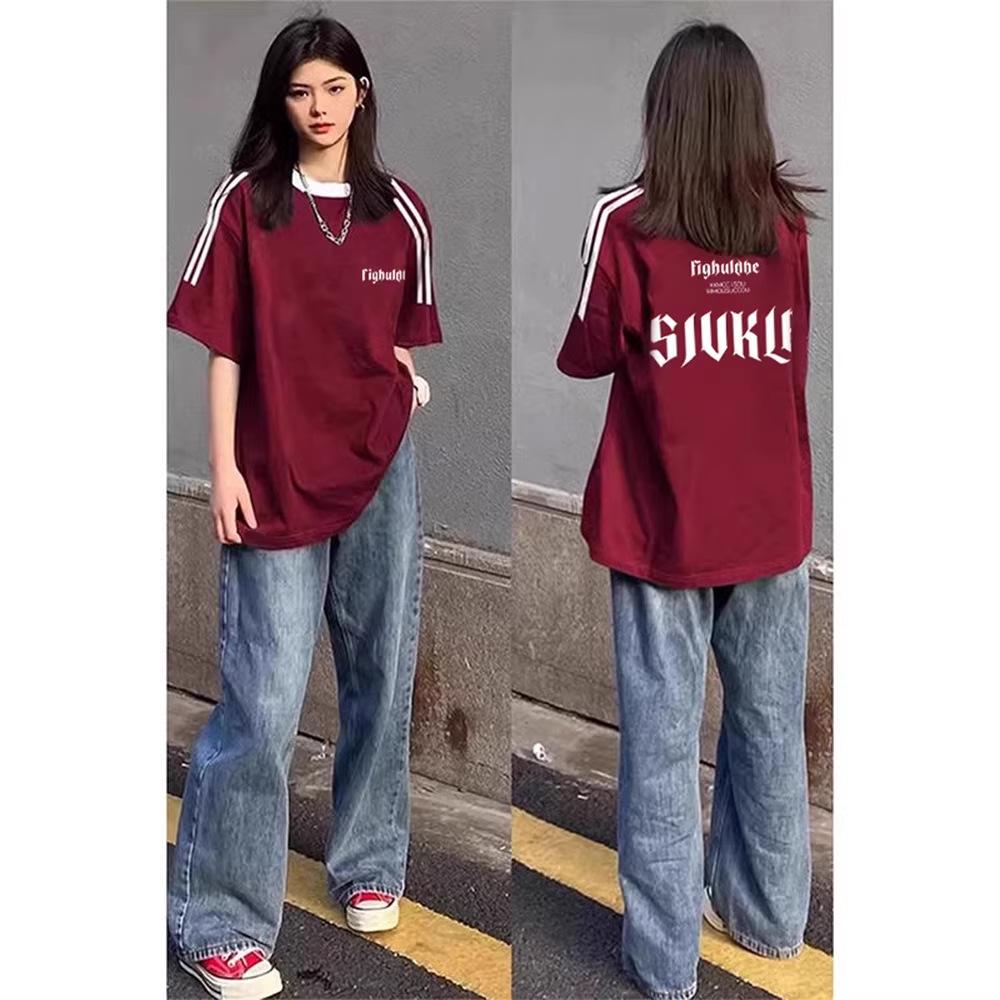

Plus Size Burgundy American Retro Short Sleeve Women s T-shirt with Chic Hong Kong Style Stripes 3XL [145-180 kg]
