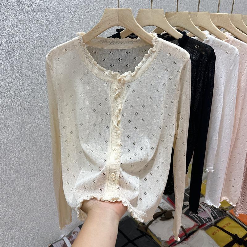Sweet wind hollow thin knitted cardigan women's summer outdoor sunscreen top age-reducing fungus edge air-conditioning shirt