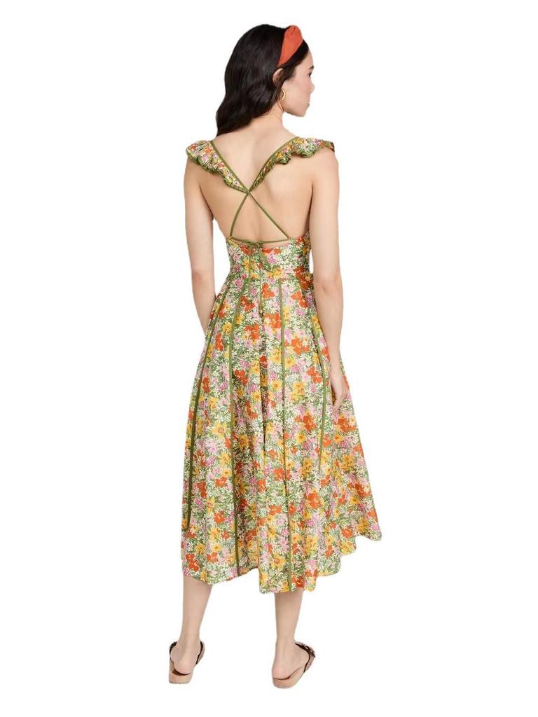 Australijska świąteczna sukienka z odkrytymi plecami w kwiaty: Spódnica długa w stylu retro pasterskim dla kobiet