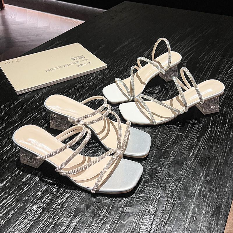 Fashion Crystal Square Slippers Summer New Square Head Open Toe Glitter Line with Anti-slip Wear-resistant Heel Shoes