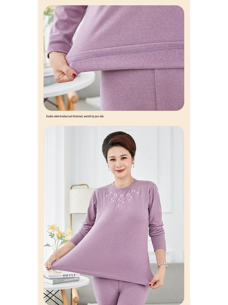Plus-Size Seamless Thermal Underwear Set for Middle-Aged and Elderly Women - Fleece-Lined for Autumn Comfort