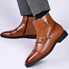 Browm Men Short Boots Double Buckle Men's Ankle Boot Side Zipper Black Business Pu Leather Size 38-46  Mens Boots
