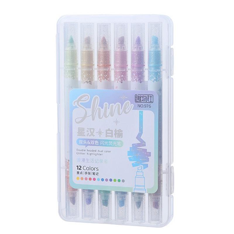6pcs/Set 12 Colors Glitter Highlighters Kawaii Students Stationery Marker School Supplies Textbook for Painting School Supplies